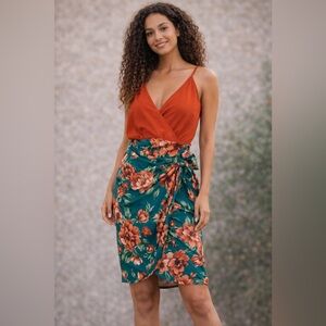 NWOT Tropical Deep Teal Vibrant Orange Floral Wrap Linen Dress Small